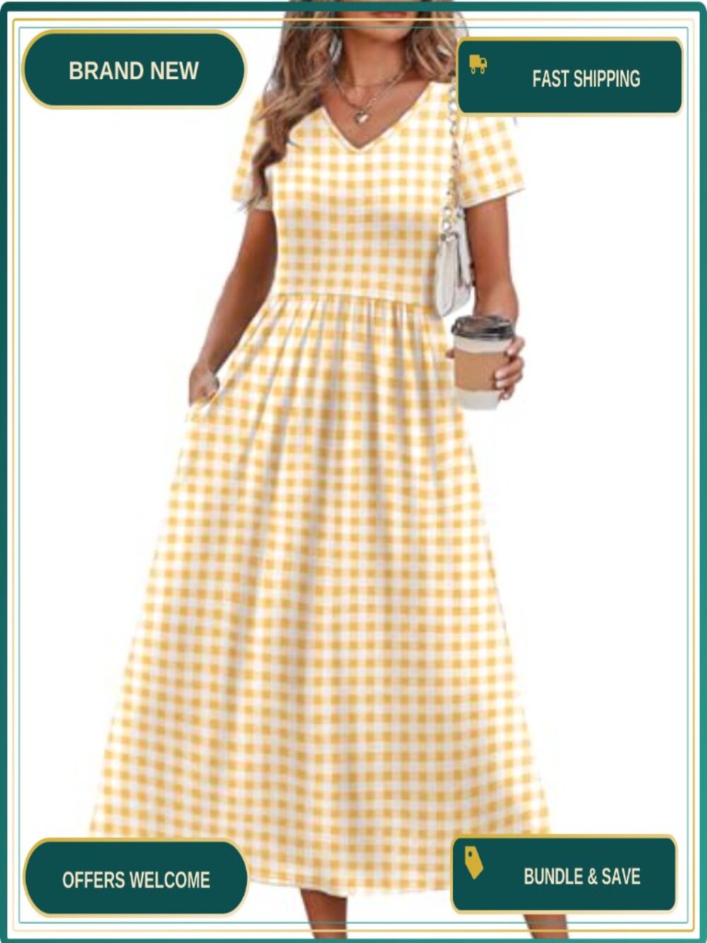 Women's Flowy A-Line Midi Dress V-Neck Short Sleeve Casual Sundress with Pockets
